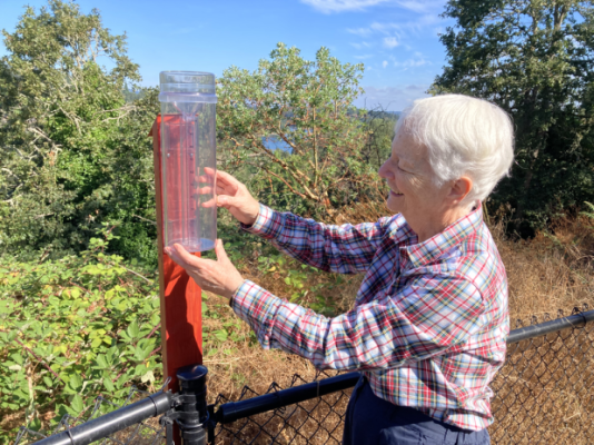 Phot of rain gauge in Willamette View gardens.