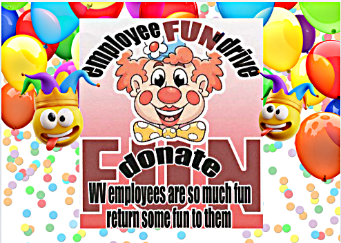 Confetti, balloons, clown employee appreciation poster, and 2 jester emojis