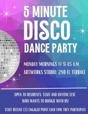 colorful flyer with disco ball containing details of the dance party