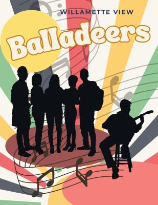 small group of people with guitar player against striped background