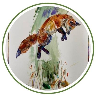 painting of a fox leaping off the ground