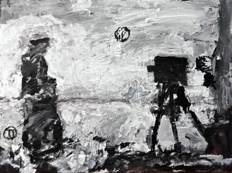 black and white painting of person in front of a portrait camera