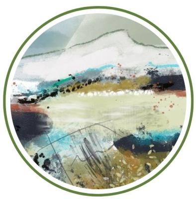 abstract digital painting of a mountain scene in pastel colors