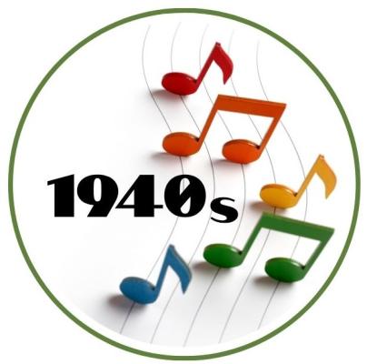 colorful music notes and the text "1940s"