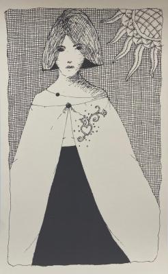 Black and White line drawing of a woman in a cloak