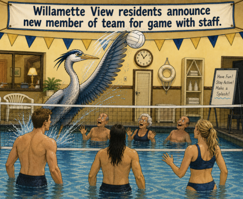 AI generated image of a blue heron playing water volleyball with people. 