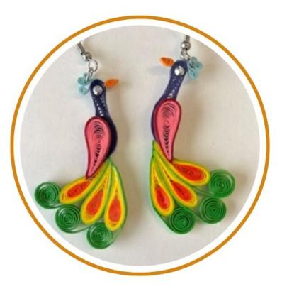 colorful quilled earrings in the shape of a bird