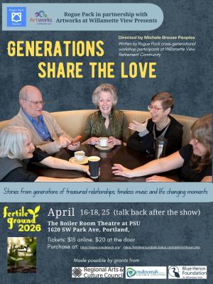 A poster for a play with a picture of five people sitting at a table. Details about the play are also featured.