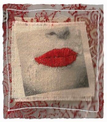 red lips sewn on paper image of woman.