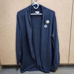 "Ella Moss" Blue Cardigan Sweater with two attached pins.