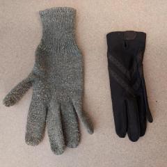 One wool grey glove and one black nylon & leather glove.