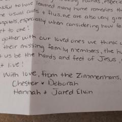 A Christmas letter to one of our residents from the Zimmerman family.
