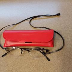 Modern Ace, black rimmed reading glasses with black neck cord and red case.