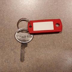 Silver Krypto key with red tag found on the free table in the Manor Building.