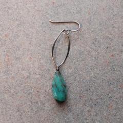 Silver leaf shape metal earring with blue/black rain drop shaped stone