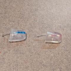 A pair of clear, rubber hearing aids found in the Blue Heron Auditorium.