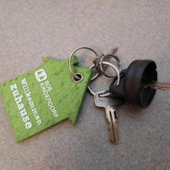 Keys with a green felt house key chain found in one of the Manor elevators.