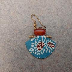 Blue/cream/red fan shaped earring with red bead found by loading dock cardboard recycling. 