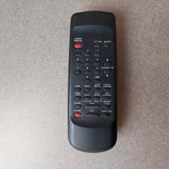 Black remote control found on the lower level of the Manor.