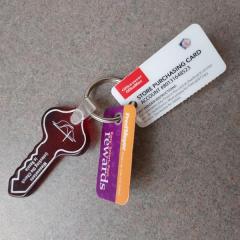 Key ring with Fred Meyer and Office Depot Rewards Cards plus plastic key shape with "Minnesotans Unlocking the Church in Russia" written on it found on the floor by Manor Reception counter .