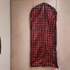 Red plaid hanging clothes bag found in the Terrace library.