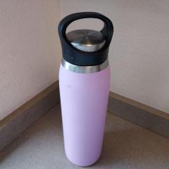 Pink metal water bottle found in a cart at the Court.