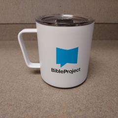 White metal coffee mug with lid with "Bible Project" logo.
