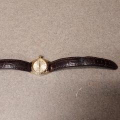 Women's Rolex watch with dark brown band and gold face found in the Manor parking garage lower lever on table.