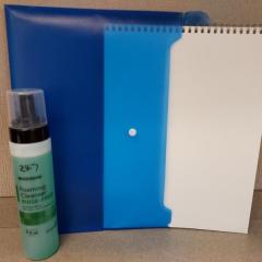 Blue packet, artist pad and cleanser found in the Manor lower level bathroom.