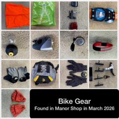 A bag of miscellaneous bike gear found in the Manor Shop.